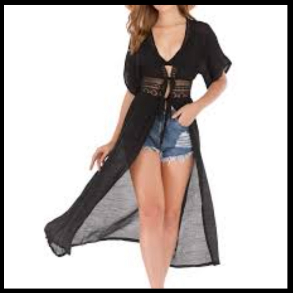 Long Lace Black Kimono Beach Coverup O/S